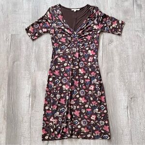 Boden Floral Midid Dress Women's 6 Brown Half Sleeve Stretch V Neck Pink Boho